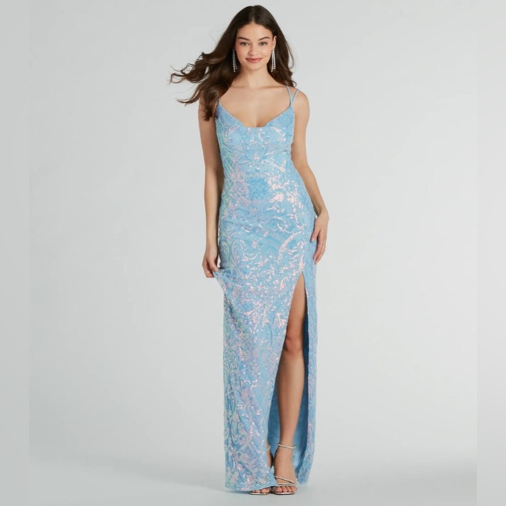 Windsor Light Blue Phoebe Formal Sequin Cowl Neck Long Dress